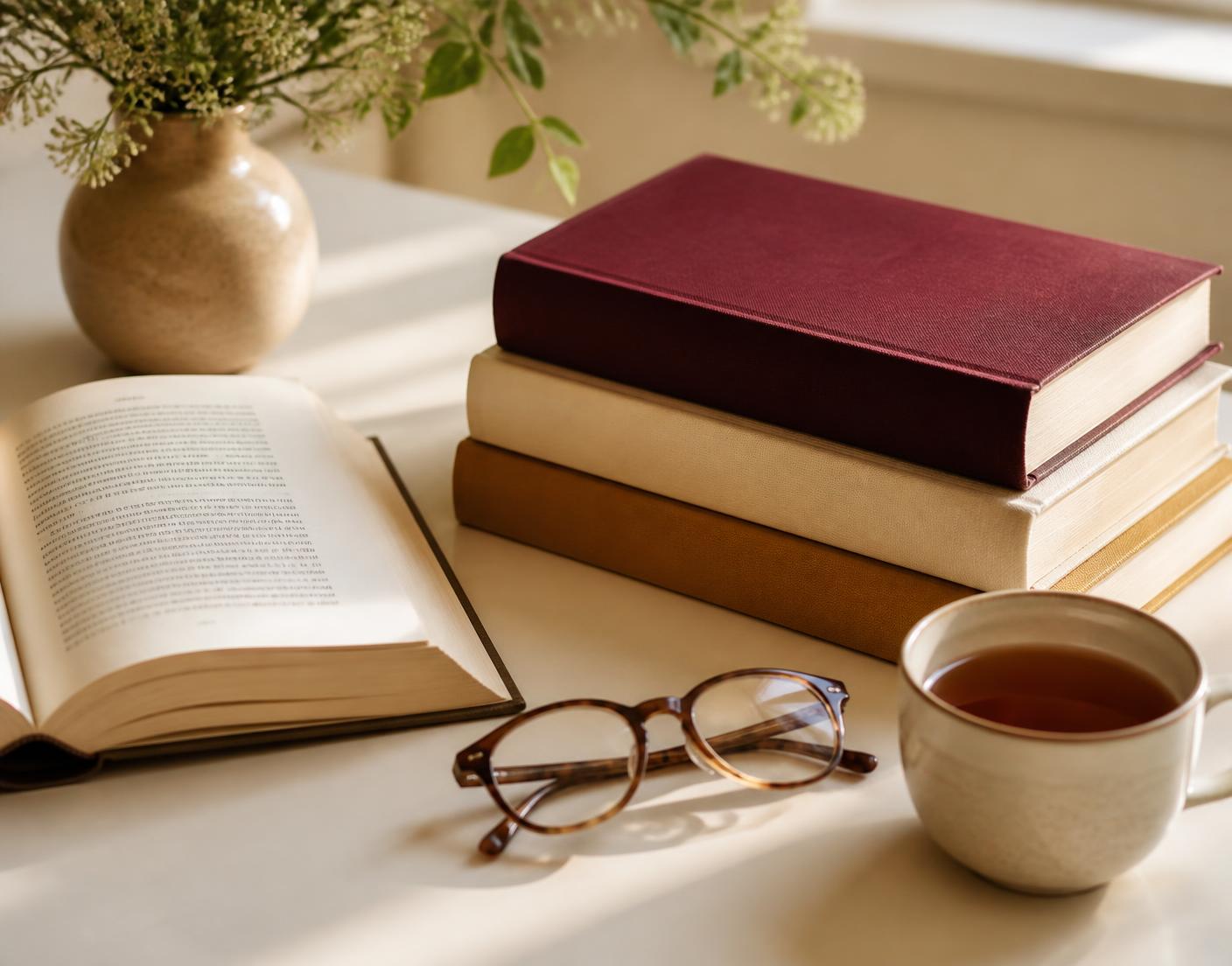 A stack of hardcover books beside reading glasses and a cup of tea in warm daylight